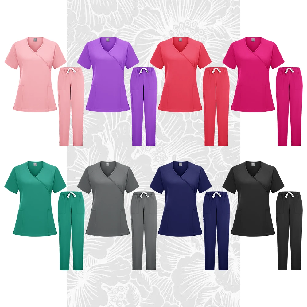 Multicolor Women Scrubs Uniform Short Sleeve Tops+Pants Nursing Uniform Pet Shop Doctor Scrub Medical Surgery Workwear Scrub Set