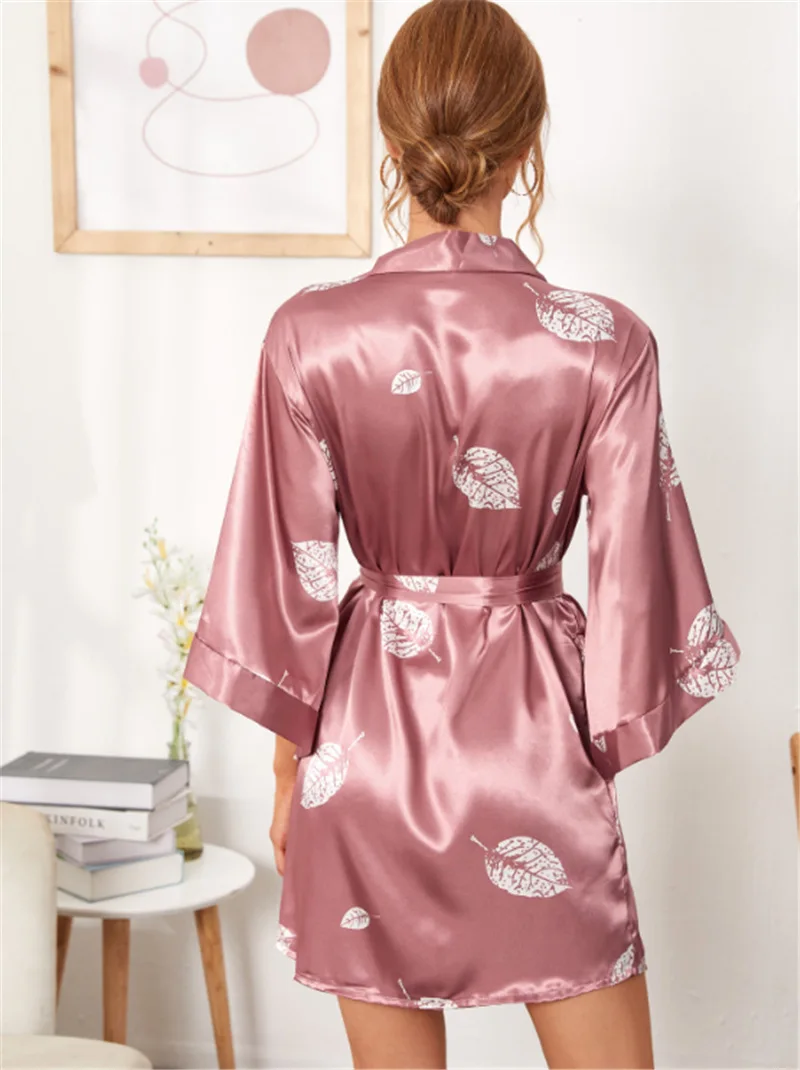 Womens Imitation Silk Bathrobe, Pink Leaf Printed Robe, Home Clothes, Summer