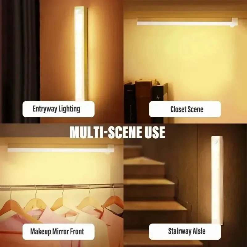 Wireless LED Motion Sensor Night Light Type-C Rechargeable Cabinet Wardrobe Lamp for Staircase Backlight Kitchen Lighting