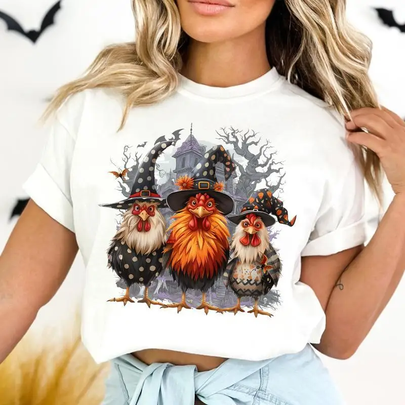 

Oversized Funny Chicken Halloween T-shirt, Cute Witchy Chickens Graphic Tee, Spooky Season Farm Animal Top, Fall Gift