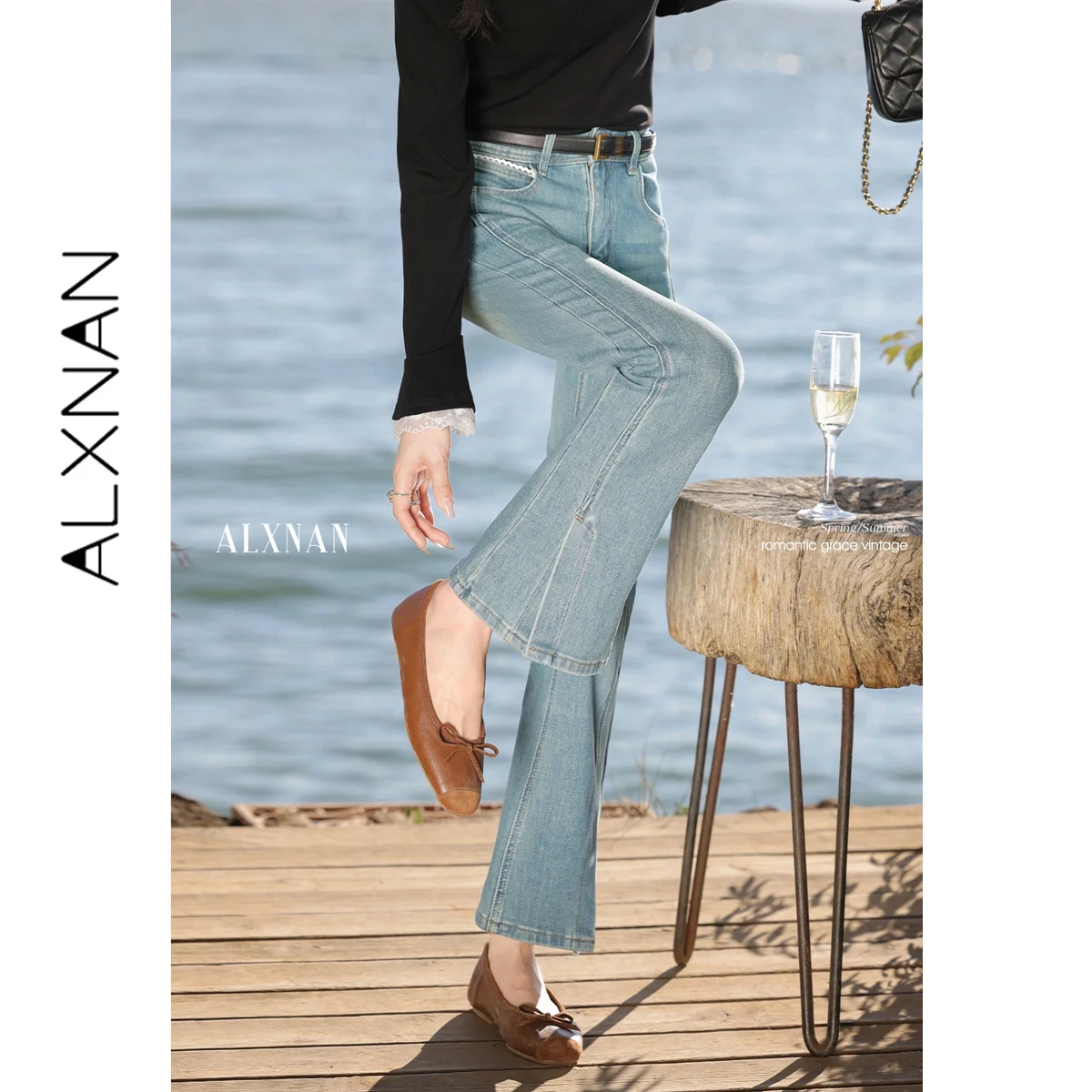 

Женские джинсы-клеш ALXNAN с разрезами, синие, с высокой талией, свободного кроя, 2026, элегантные джинсовые брюки-труба, дизайнерская женская одежда L52859