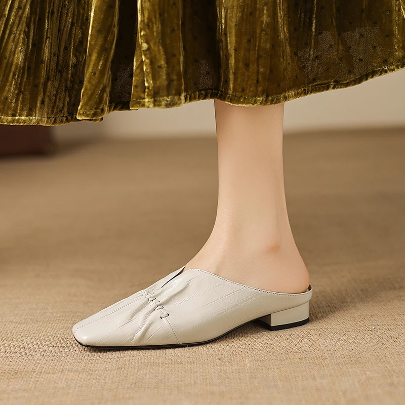 New Women Soft Sheep Leather Square Toe Ruched Mules Slip on Flat Slide Sandals TPR Sole Minimalist Clean Fit Summer Daily Shoes