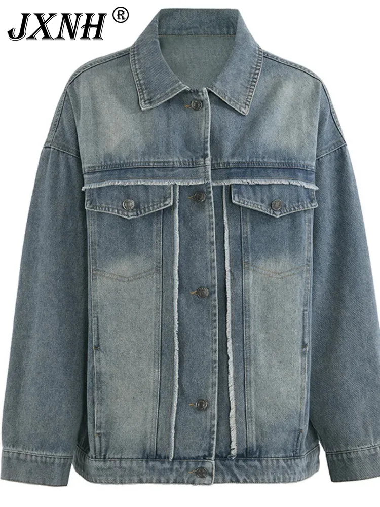 

Retro Casual Blue Denim Jacket For Women In The Autumn Of 2024, New Style With Ruffled Collar And Single Breasted Denim Jacket