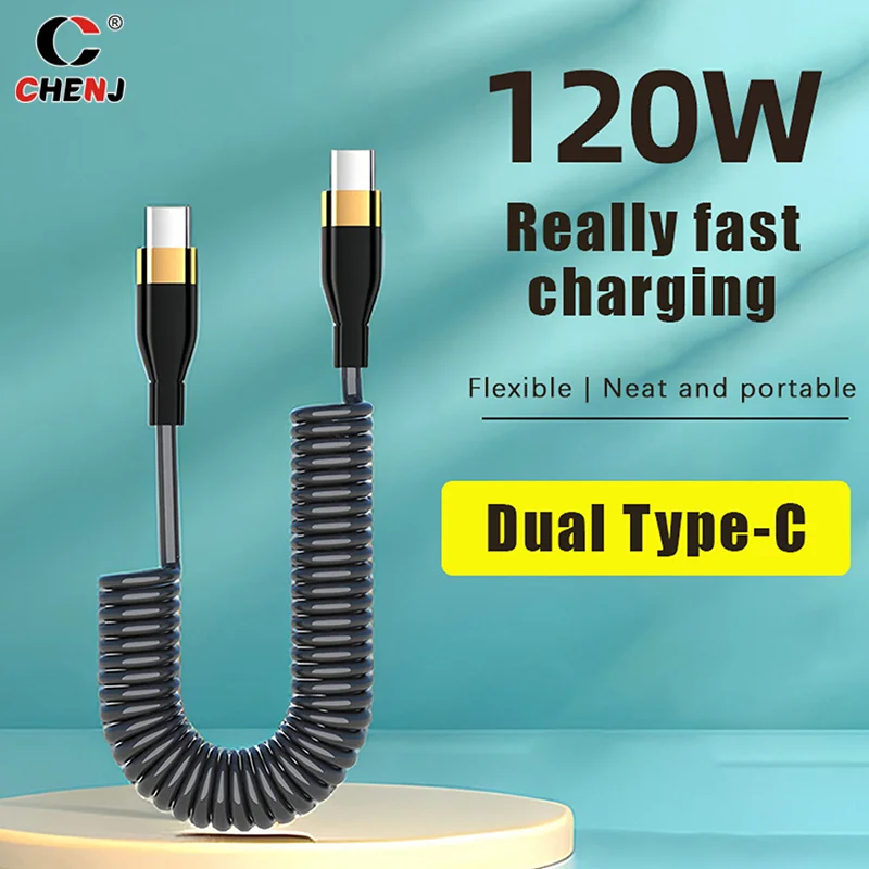 120W USB Type C Fast Charging Cable 6A Spring Telescopic Car Charger Cable High Speed Charging Data Cable Phone Accessories