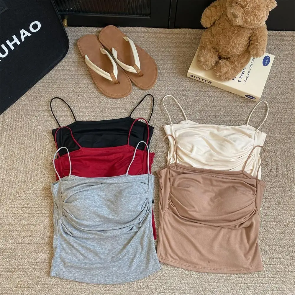 

Solid Color Seamless Camisole Vest Pleats Design Elastic Bra with Pads Camisole Undershirts Korean Style