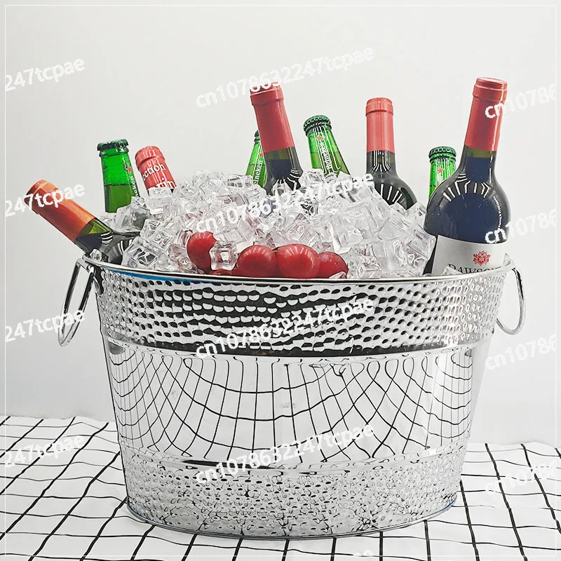 Stainless Steel Metal Oval Ice Bucket Bar Hammer Point Yuanbao Ice Bucket Picnic Beer Rack Premium Champagne Beer Ice Bucket