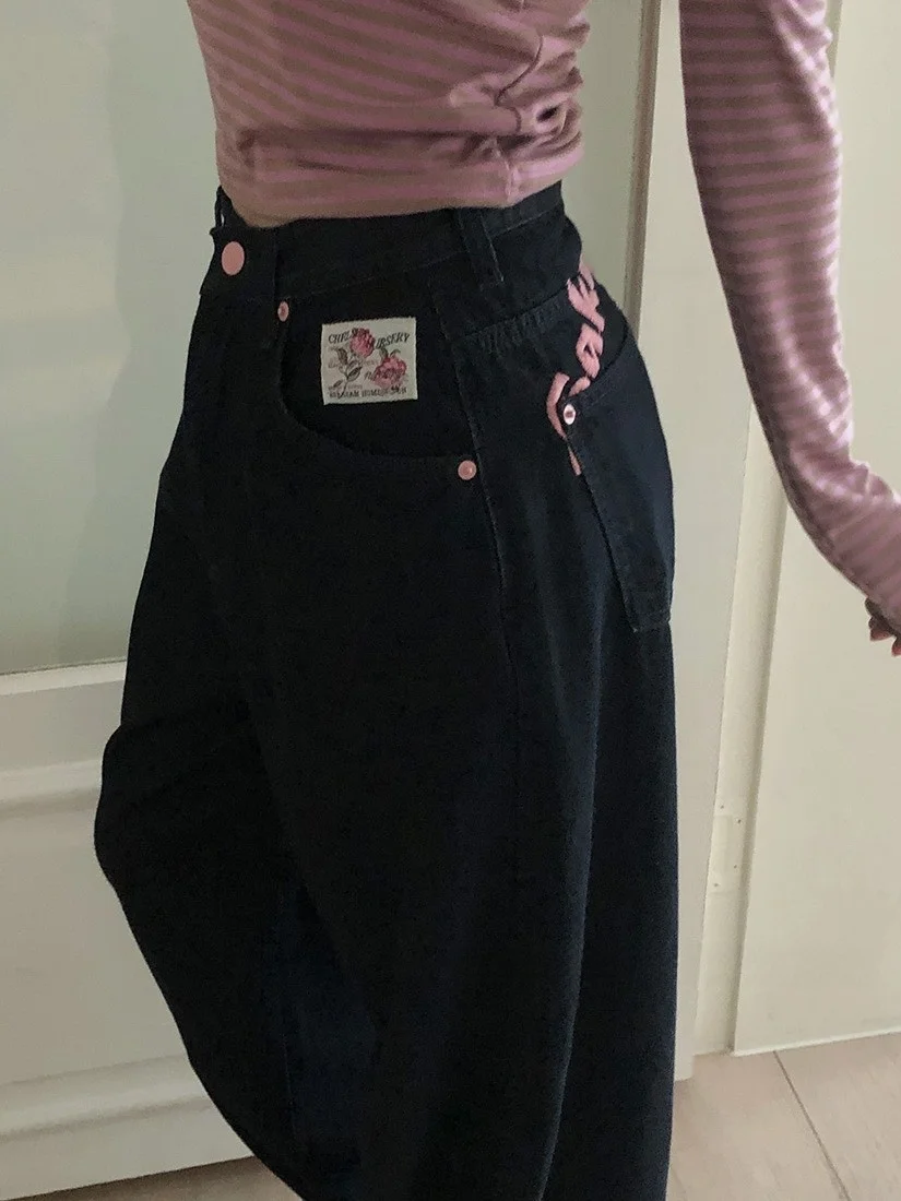

Loose Women's Jeans PPD Sweet Cool Spicy Girl Embroidered Letter Straight Leg Long Pants Korean Sle Slimming Bla