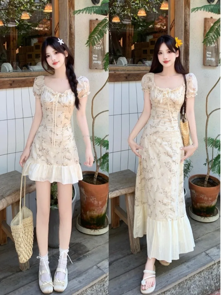 

Женское платье больших размеров с пышными рукавами, квадратным вырезом, поясом на талии, А-силуэт, летнее, новый корейский стиль, для повседневной носки