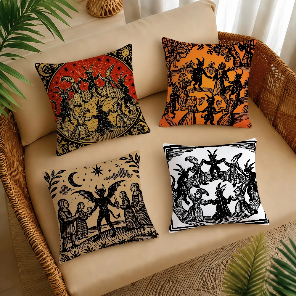 Vintage Dark Style Woodcut Demon Cushion Cover Square Decorative Throw Pillow Case Sofa Bed Living Room Anniversary Gifts