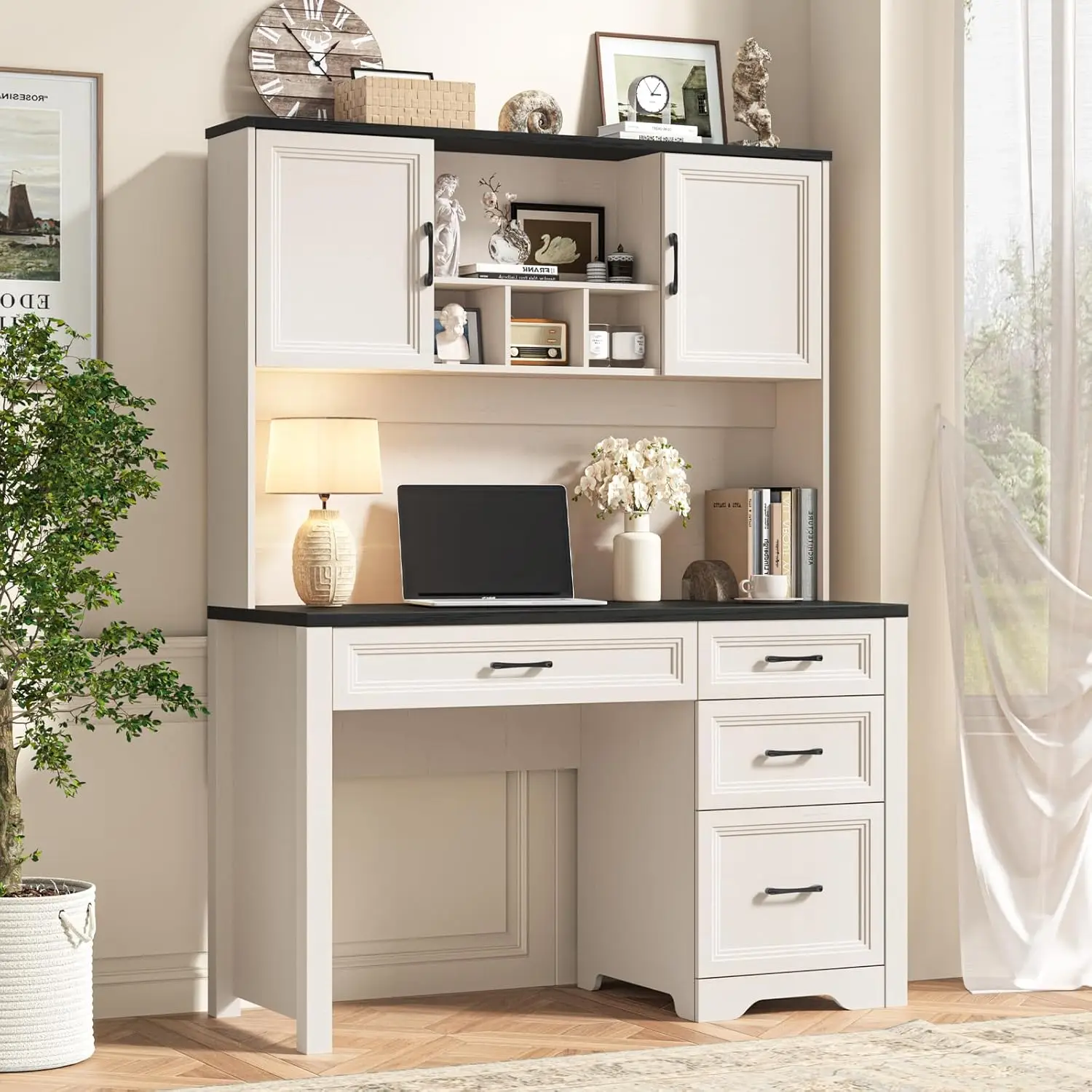 

Large Rustic Executive Desk with Hutch, 4 Drawers & Storage Cabinet, Home Office Workstation, Black, Customized