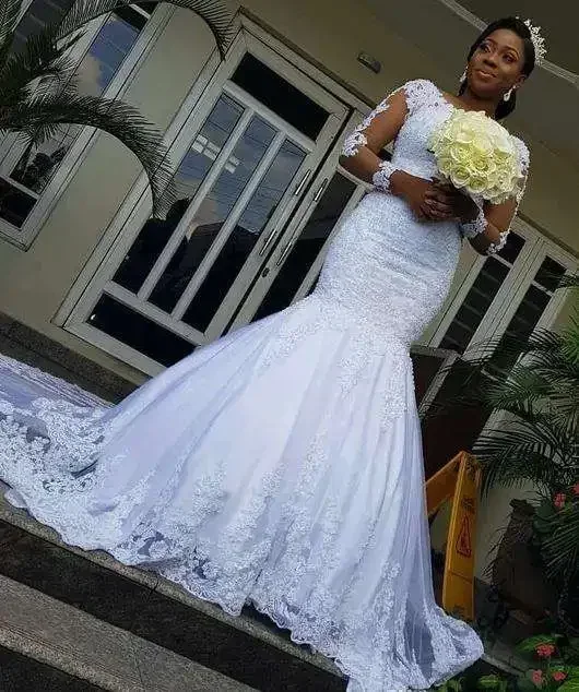 Vestidos de Novia de Talla Grande con Apliques de Encaje y Cuentas, Diseño Personalizado, Estilo Sirena Africana, Manga Larga, Tipo Trompeta