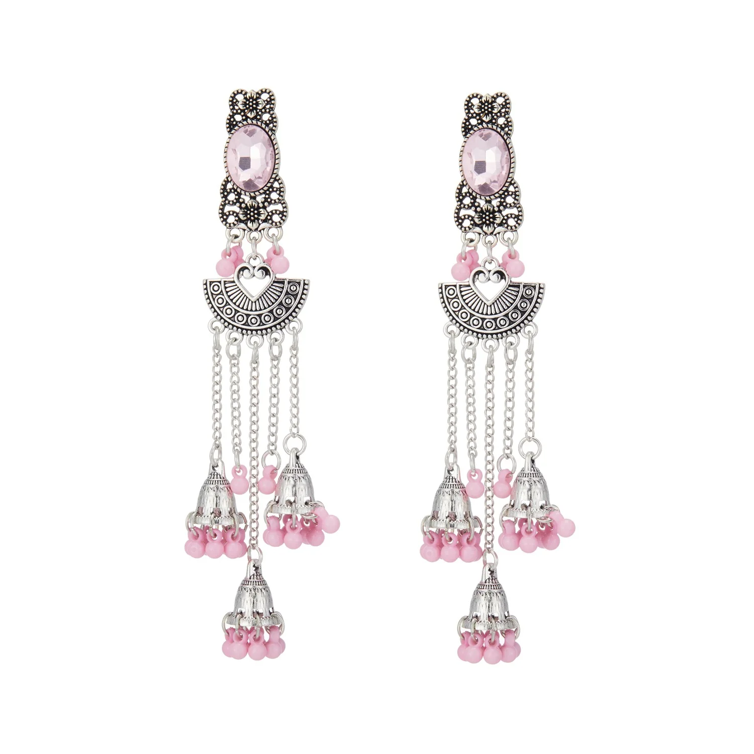 Indian Jhumki Bell Drop Earrings Fan Engraved Multi Chain Bird Cage Bead Long Chain Tassel Earring Boho Ethnic Women Jewelry