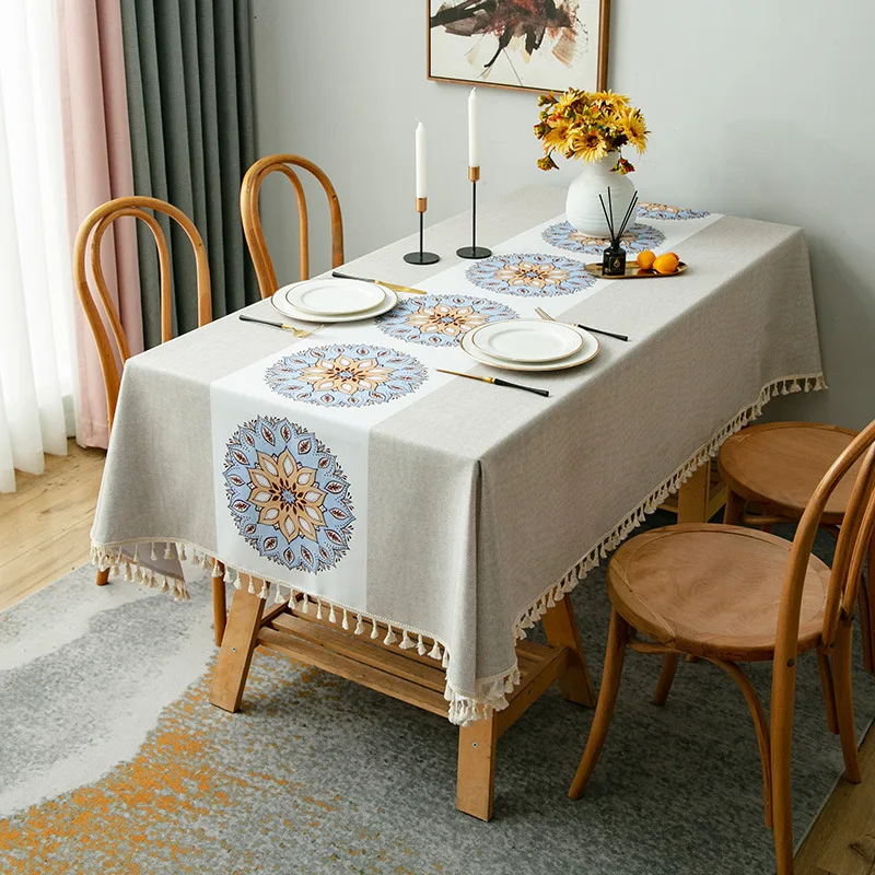 Nordic Waterproof and Oil Resistant Printed Ethnic Style Tablecloth, Three-layer TPU Film Coated, Wash Free Tablecloth