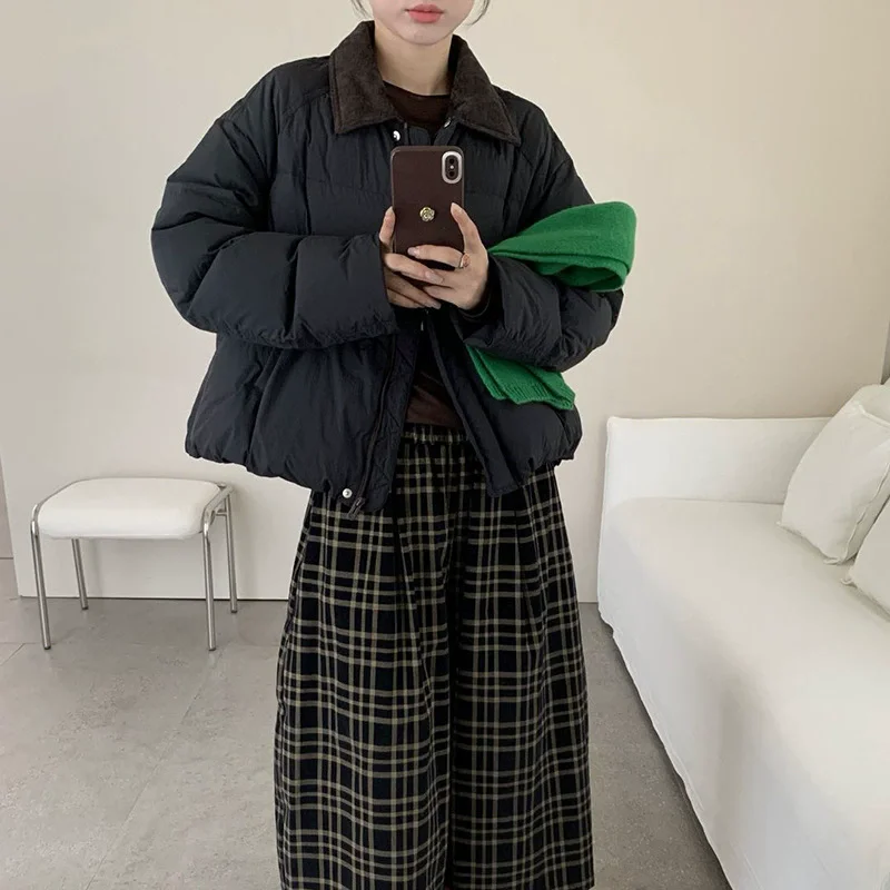 Women's Short White Duck Down Jacket With Corduroy Collar