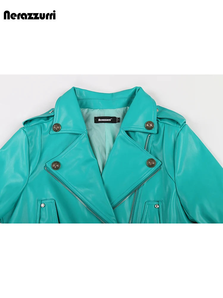 Nerazzurri Spring Autumn Short Oversized Cool Chic Soft Green Pu Leather Moto & Biker Jacket Women Zipper Belt Runway Fashion