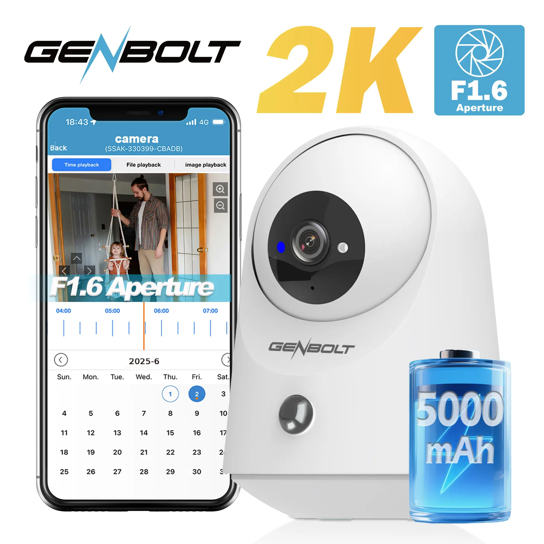 2K 5000mAh Battery Security Camera, WiFi Indoor Pan Tilt PIR Motion Detection, for Home Baby Nanny Pet Monitoring GENBOLT