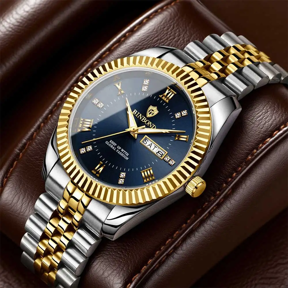 

Брендовые мужские деловые спортивные кварцевые часы BINBOND, классические водонепроницаемые светящиеся календари, креативные часы, мужские персонализированные наручные часы