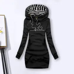 Drawstring Front Pocket Long Sleeves Mid-Length Pullover Hoodie Women Autumn Winter Heartbeat Print Hooded Sweatshirt Outerwear