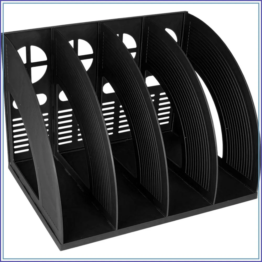 4-Compartment Desktop File Organizer, Sturdy Plastic Magazine Holder, Black