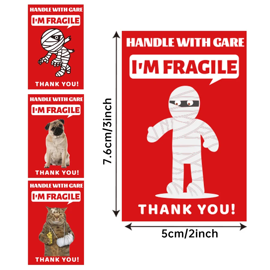 200 PCS Funny Fragile Stickers - 4 Designs (Dog, Cat, Mummy), 3x2 Inches Permanent Adhesive Labels for Shipping, Moving, Glass