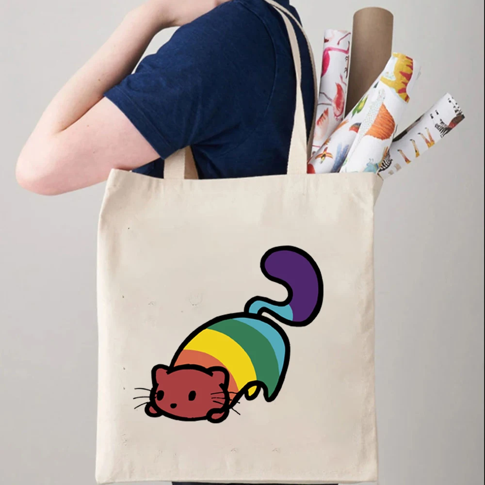 Tas Tote Purride kucing pelangi Super lucu bendera LGBT Gay Pride bulan motif Lesbian tas bahu wanita tas kanvas kapasitas besar