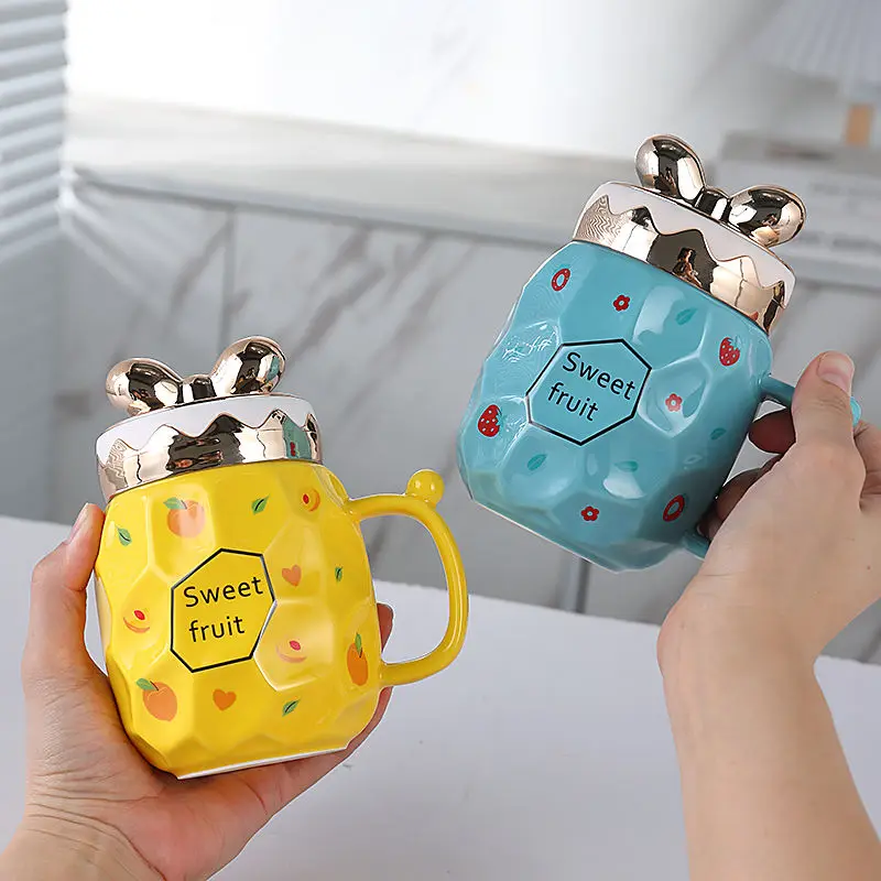 Cute Creative Bow Ceramic Mug, High-value Coffee Mugs with Lid Spoon Gift Box, Couple Water Cups, Office Breakfast Milk Tea Cup
