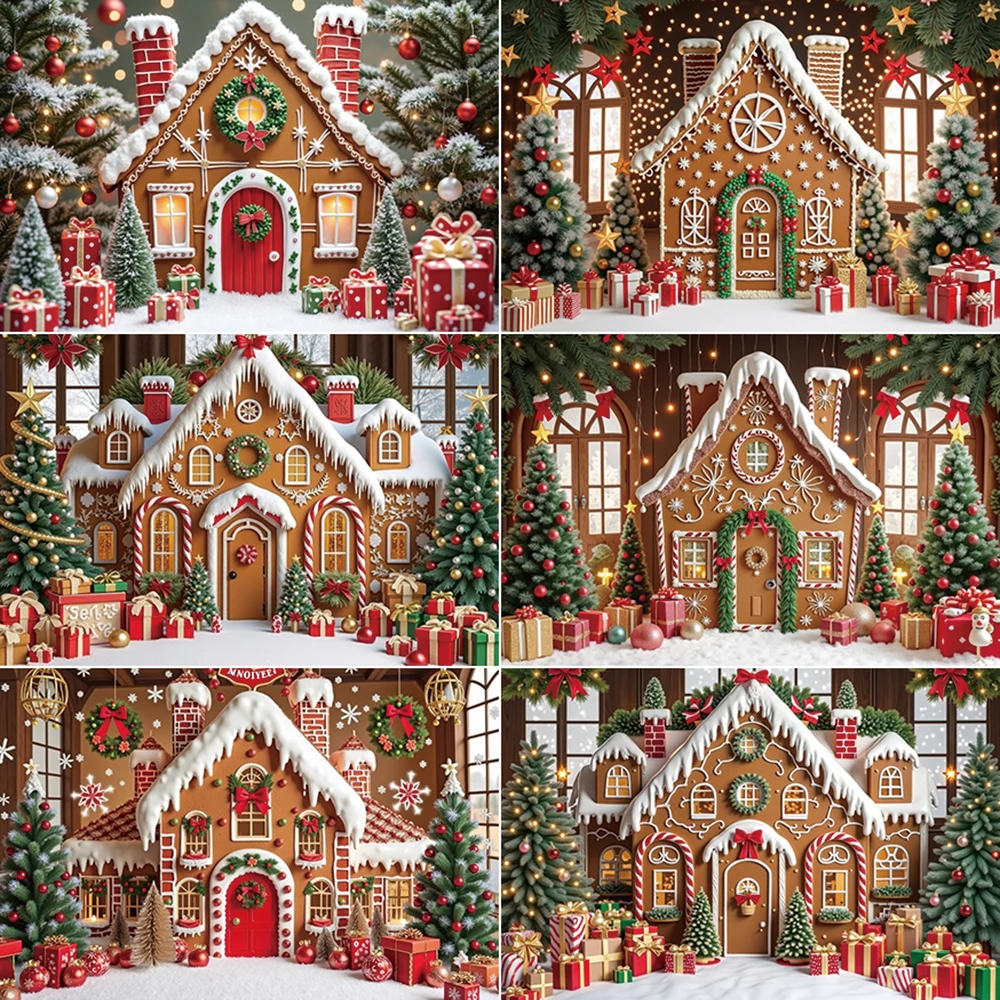 

MOON.QG Christmas New Year Decor Background Photography Large Luxury Pine Tree Gingerbread Houses Backdrop Child Shooting Props