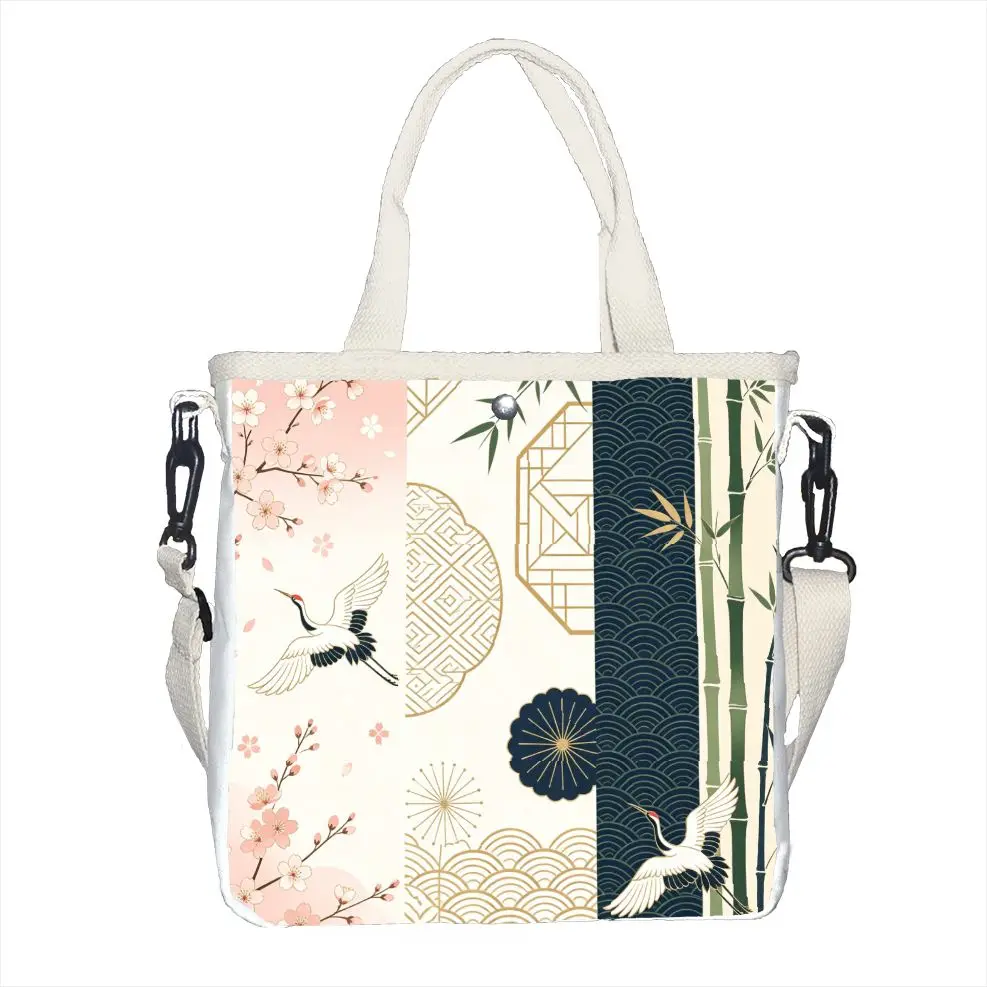 1pc Japanese Crane & Cherry Blossom Print Tote Bag, Adjustable Strap Traditional Floral Shoulder Bag
