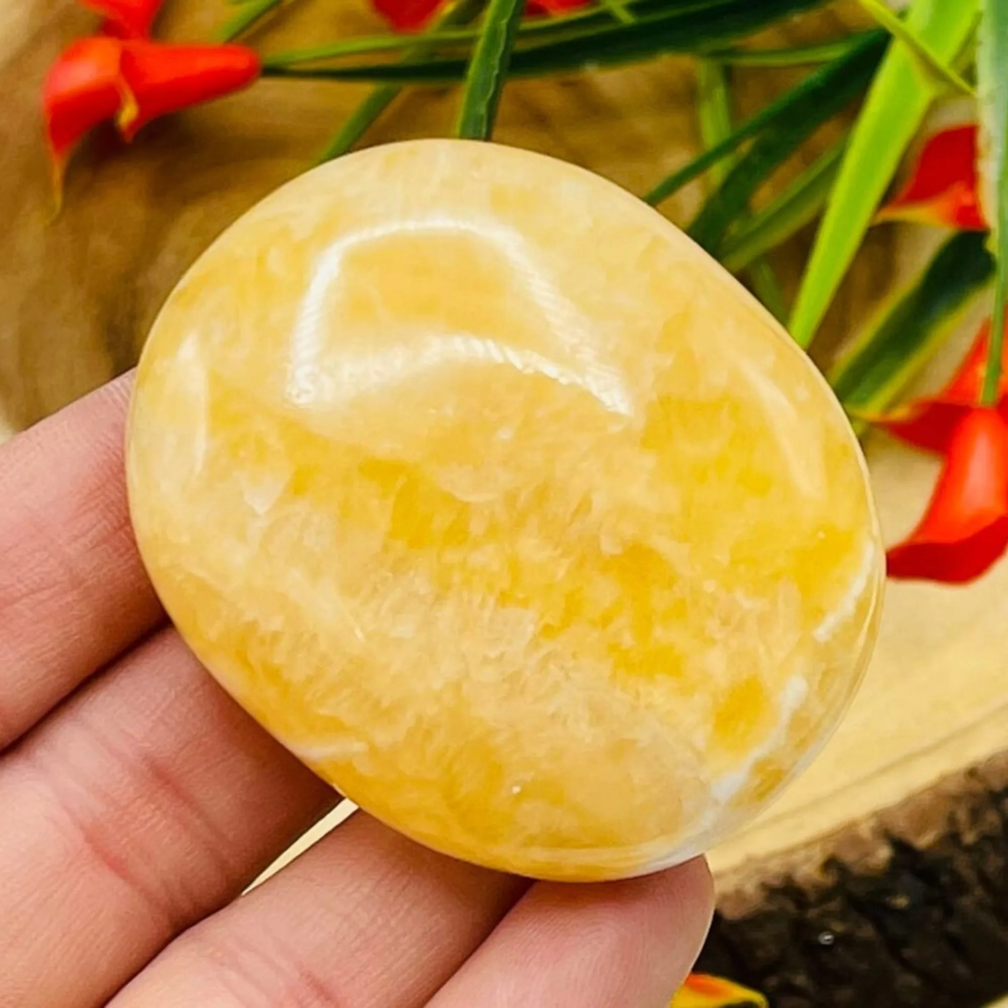 Natural Orange Calcite Palm Stone Yellow Calcite Pocket Massage Stone, Hand Polished Smooth Calcite Worry Stone