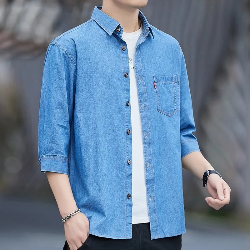 2023 Spring New Men\'s Short Sleeve Denim Shirts Autumn Korean Trend 100% Cotton Loose Casual Shirt Male Classic Thin Jean Jacket