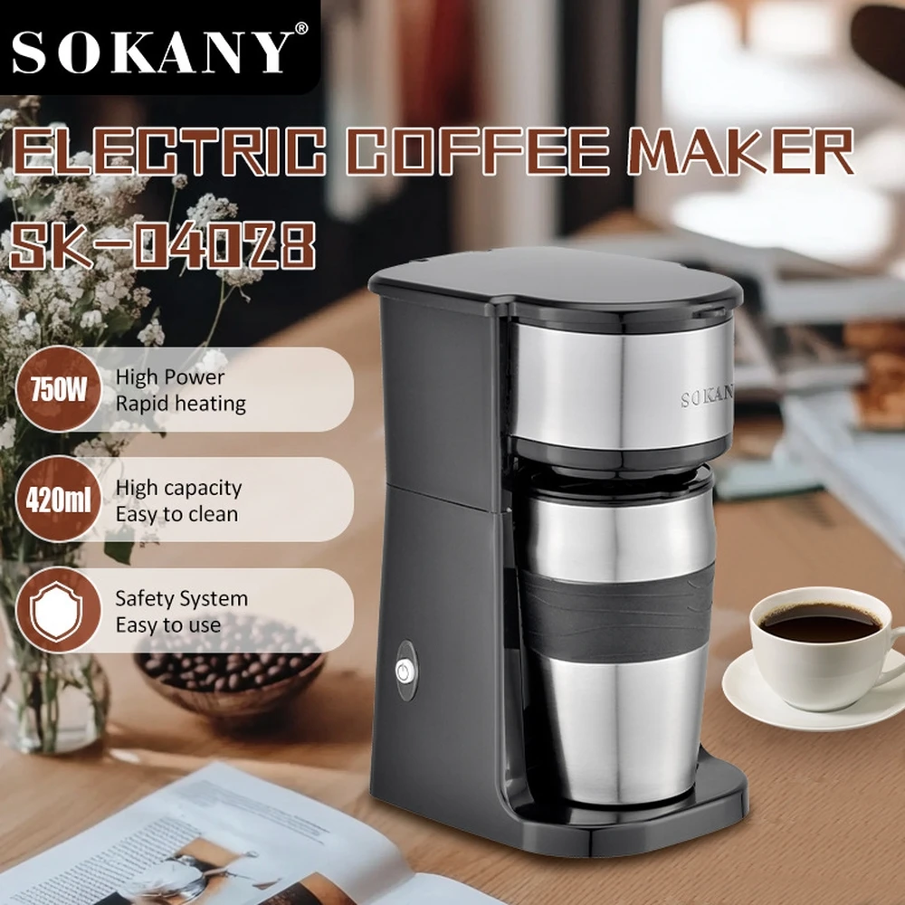 Sokany Powerful 750W One Touch Control Single Serve 2 In 1 Drip Coffee Maker Brewer With Stainless Steel 14oz Mug Tumbler Combo