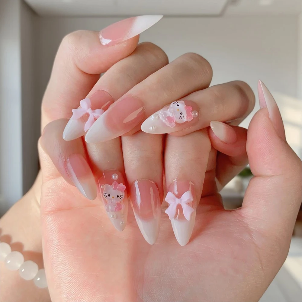 

24pcs Medium Almond Shape 3D Hello Kitty Fake Nails Bow Ribbon Pink White French Full Cover Fake Nails Acrylic False Nails Set *