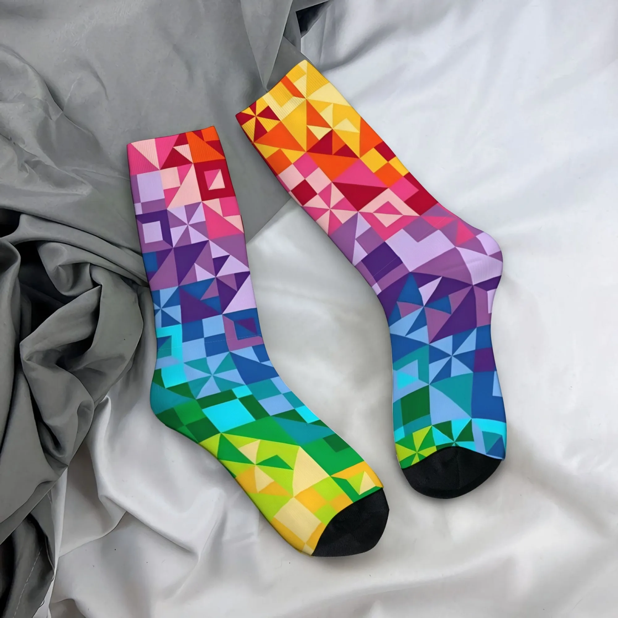 Rainbow Geometric Block Socks Non-slip Elastic Breathable Men's Socks Travel Leisure Hiking Simple Stylish Street Harajuku Socks