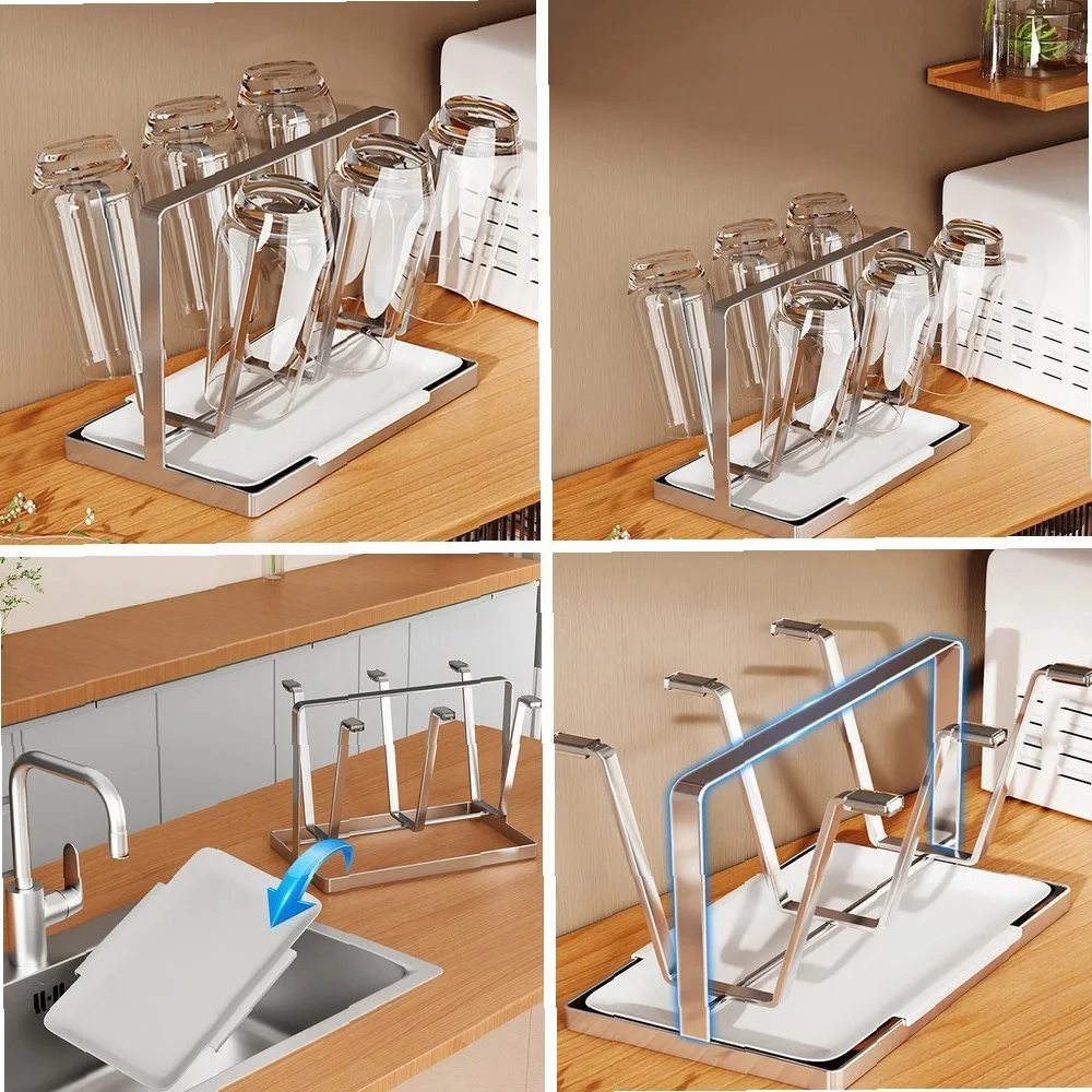 

Stainless Steel Cup Holder with Drip Tray, Anti-Slip Glass Holder, Portable Dust-Proof Drink Stand for Household