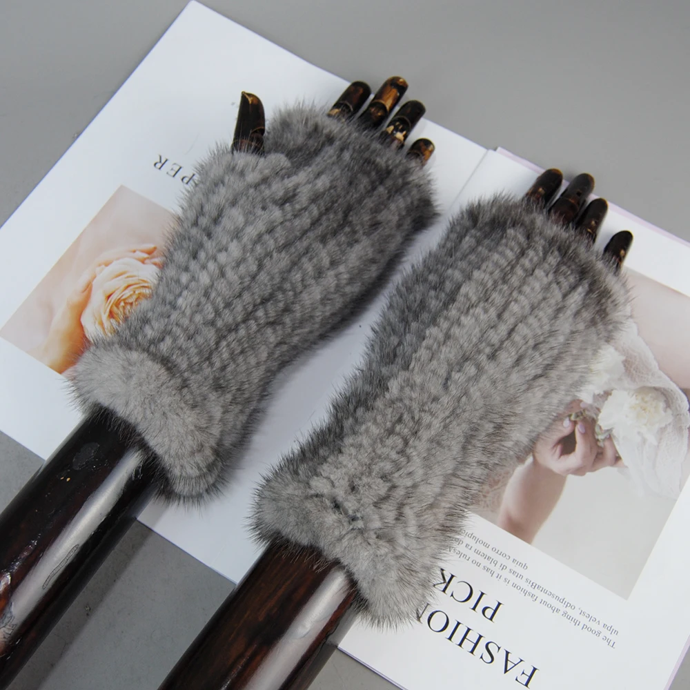 New Style Women Winter Real Mink Fur Gloves 100% Natural Warm Mink Fur Fingerless Gloves Girls Knitted Genuine Mink Fur Mittens