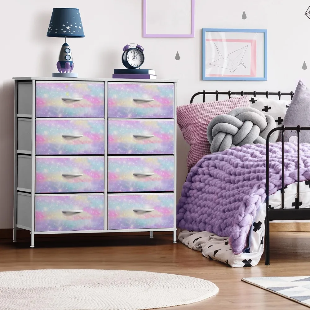 

Storage Chest Organizer Unit Nightstand - Steel Frame, Wood Top, Tie-Dye Fabric Bins for Clothes - Wide Furniture for Bedroom