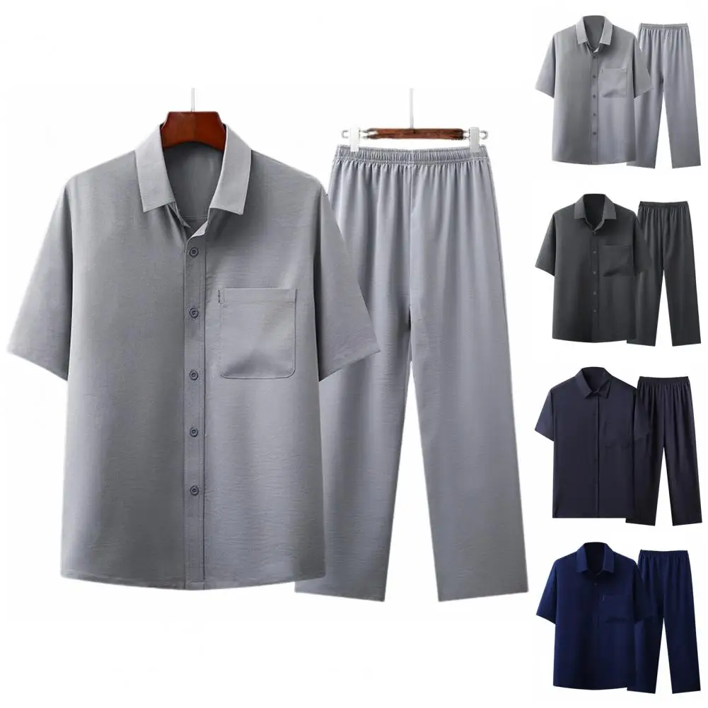 

Shirt Pants Set Men's Summer Outfit Set with Lapel Sleeve Shirt Wide Leg Pants Solid Color Loose Fit Ensemble for Comfort Style