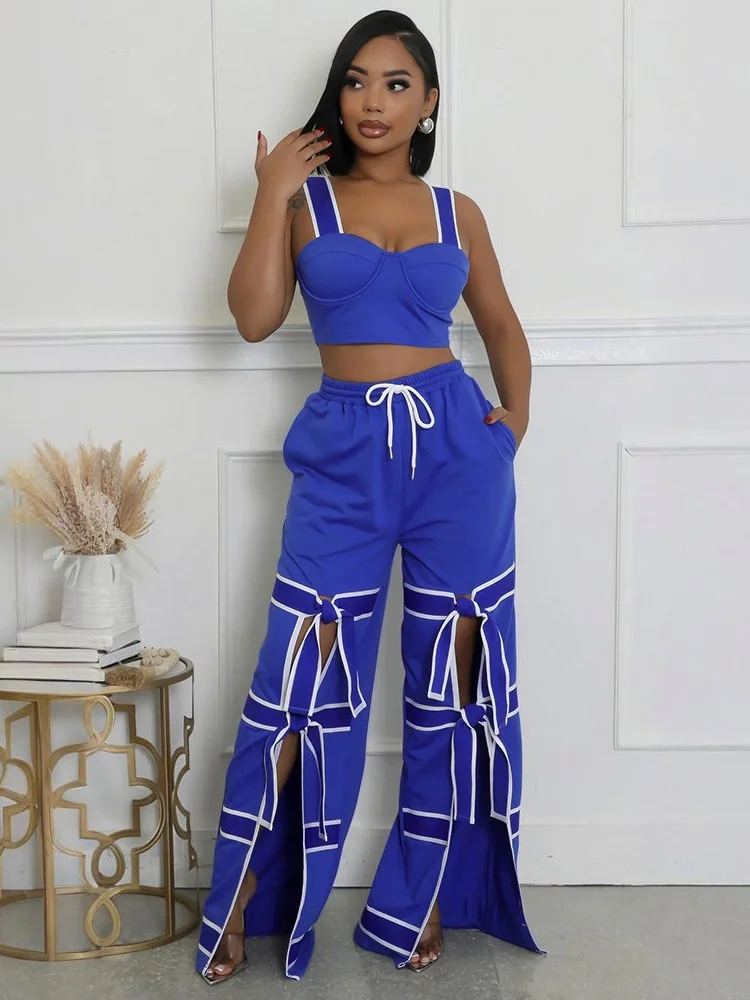 

Sister Star Women's Suit Fashion Solid Color Halter Top with Lace-up Fashion Loose Wide Leg Pants Commuter Two-piece Set