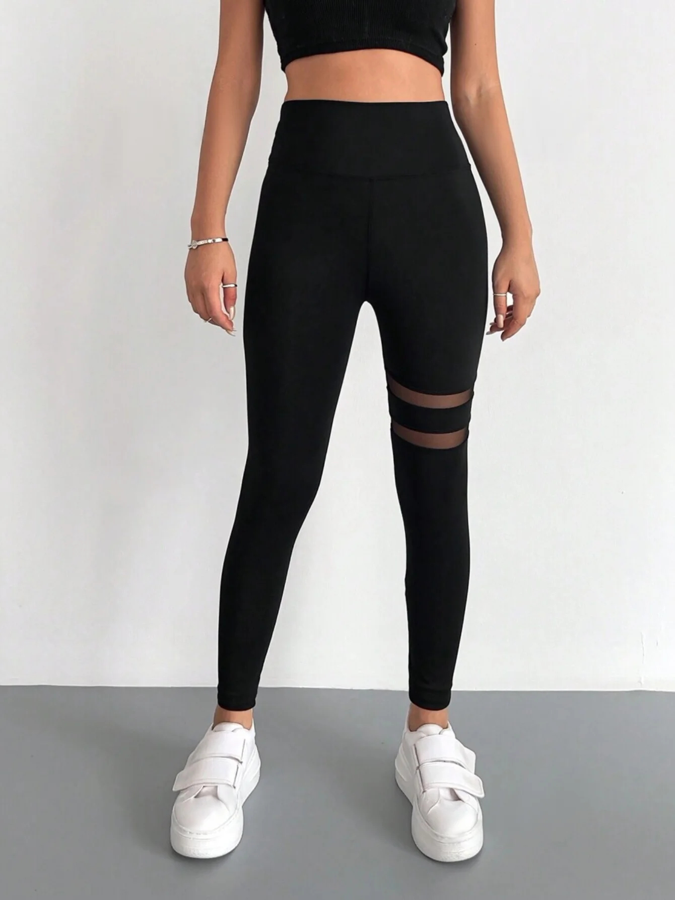 Contrast Mesh Solid Skinny Leggings Elegant High Waist Workout Leggings