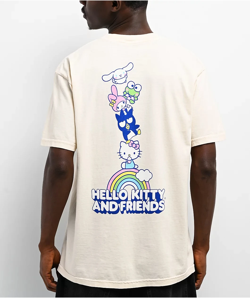 Hello Kitty T Shirt Sanrio Cartoon Hello Kitty My Melody Cinnamoroll Keroppi Badtz Maru Back Rainbow Print Short Sleeve Cotton