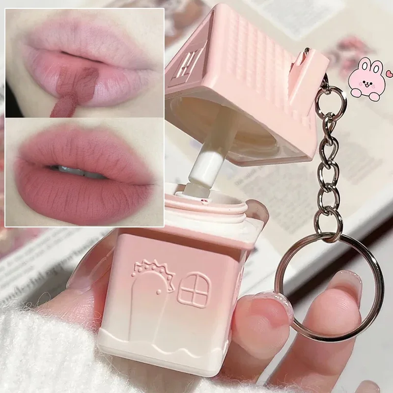 Matte Nude Lip Mud Keychain, impermeável duradouro, batom líquido de veludo Pink Lipglaze, copo antiaderente, maquiagem de tonalidade labial, cosméticos bonitos