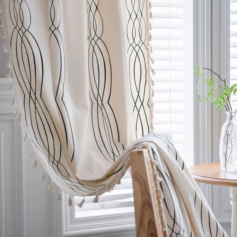 Cotton Linen Black Curve Printing With Tassel Window Curtain Semi-shading Drapes Living Room Bedroom Kitchen Window Curtain