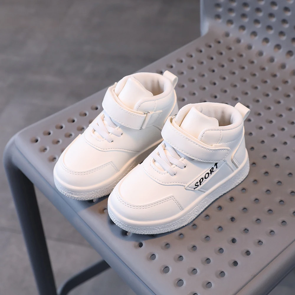 COMFY KIDS All White Minimalist Sport Style Mid Top Shoes Easy To Clean Wipeable Faux Leather Adjustable Strap All-Season Wear School Casual Shoes