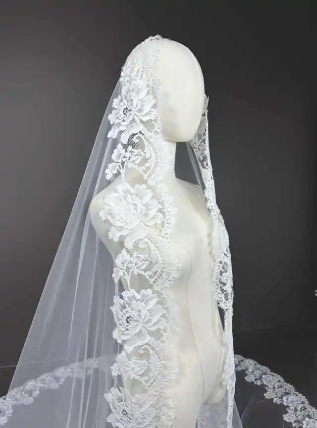 

Glamorous Floral Lace Edge Wedding Veil One-Layer Sheer Tulle Chapel Length Wedding Accessories свадебное платье Customized
