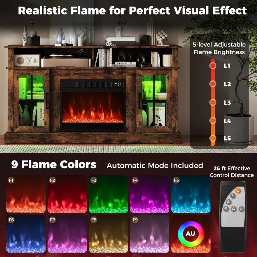 حامل تلفزيون مدفأة كهربائية مصمم لأجهزة التلفاز حتى 65 بوصة يتميز بأضواء LED المحيطة وجهاز التحكم عن بعد قابل للتعديل I #5