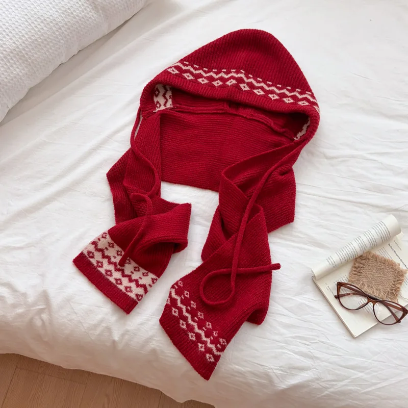 Winter Retro Plaid Warm Knitted Wool Scarf Boys and Girls Korean Versatile One-piece Neck Protection Scarf Hat Two-piece Set