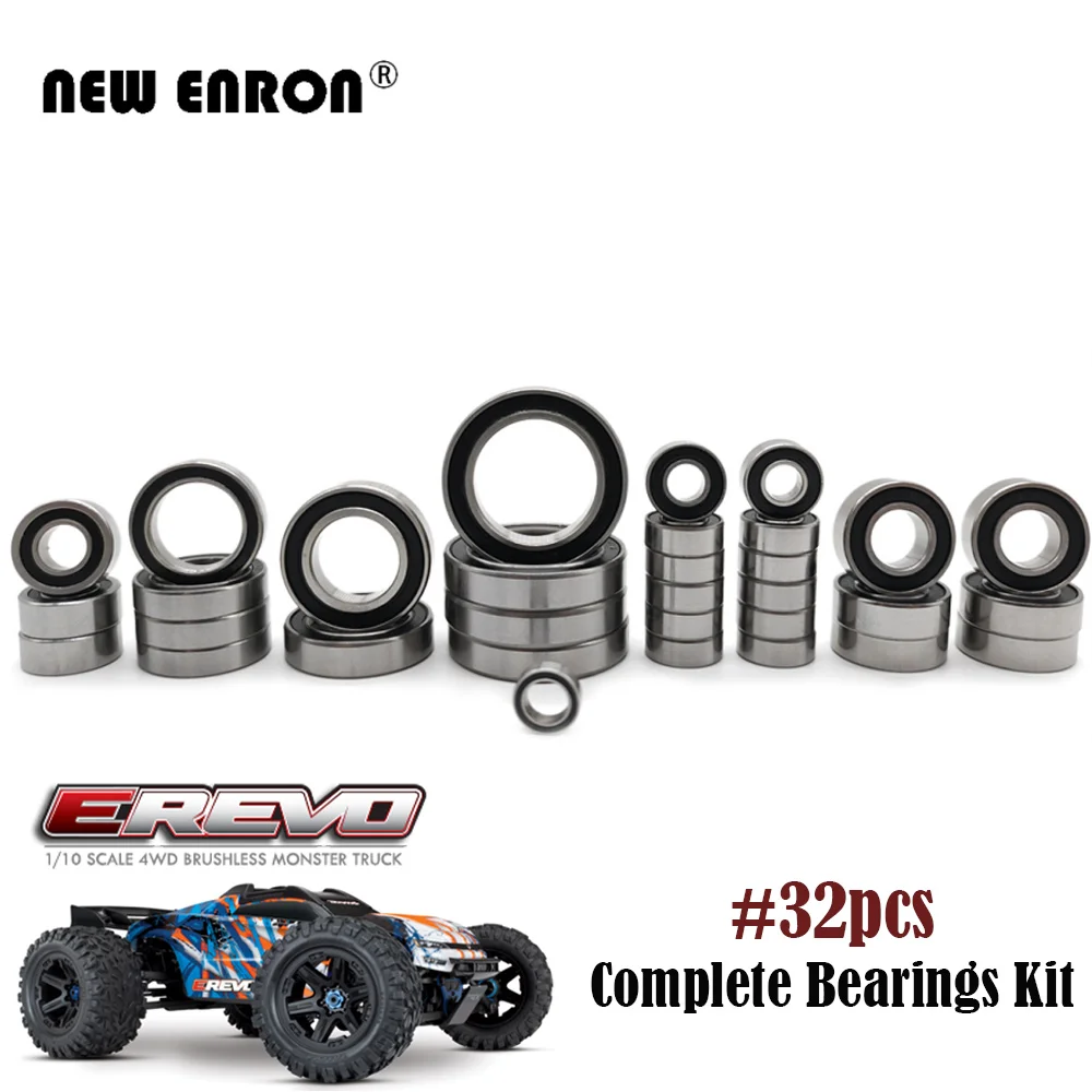 32Pcs Chrome Steel Complete Bearings Kit Black Rubber Sealed Pre-Greased For RC Car 1/10 Traxxas E-Revo ERevo 2.0 VXL Brushless