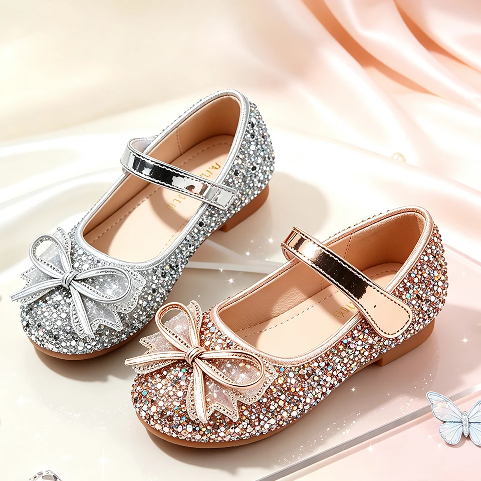 Glitter Bow Knot Flat Girls Sparkly Mary Jane Shoes Shiny Sequin Crystal Ballet for Pageant Ceremony School Uniform Daily Wear
