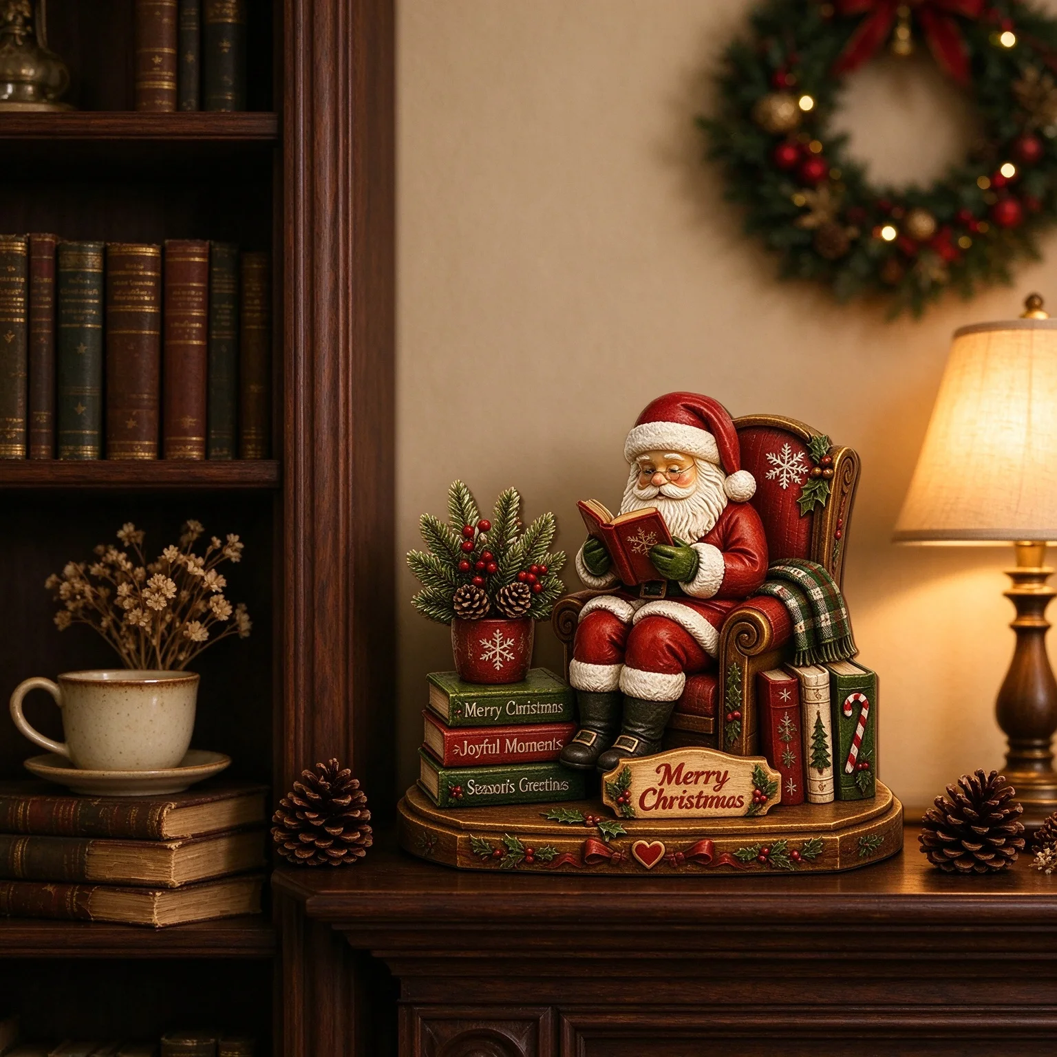 Retro Christmas desktop decoration, including reading books about Santa Claus