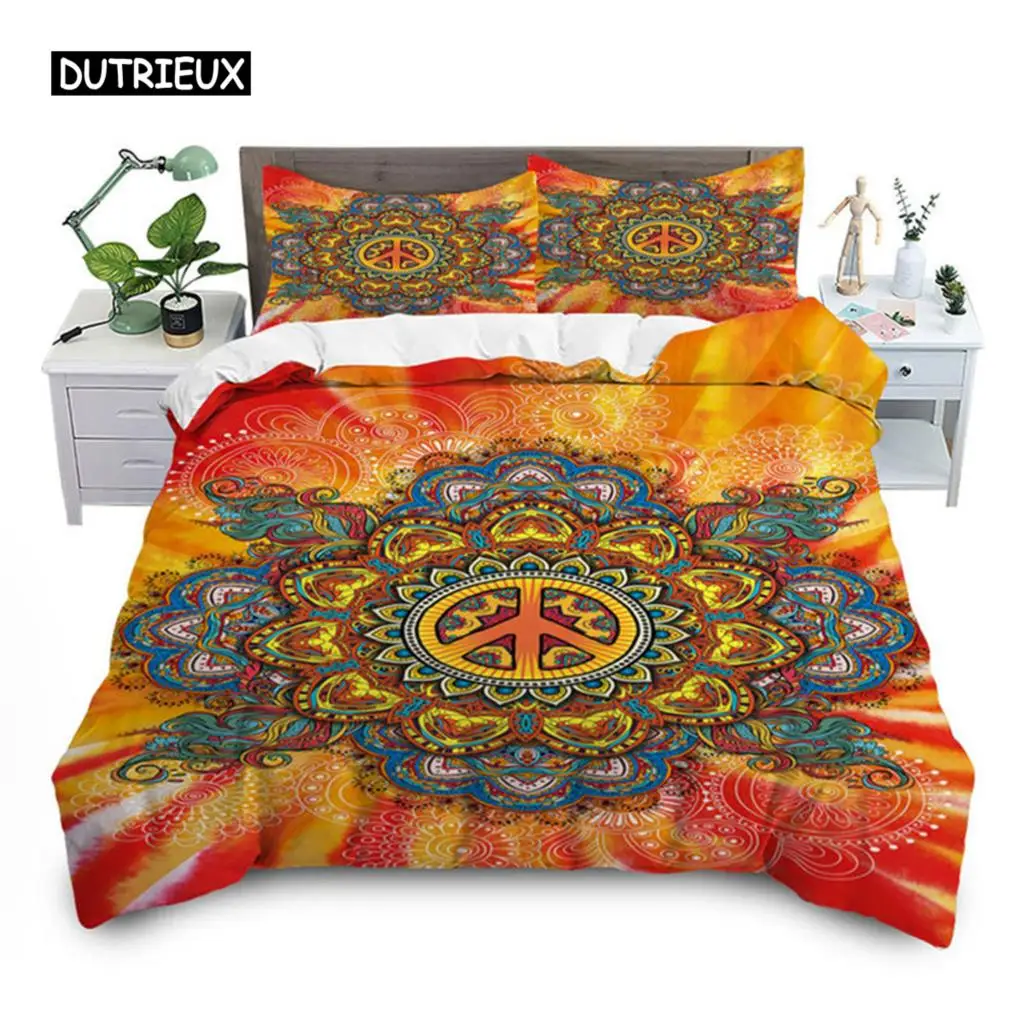 Peace Symbol Duvet Cover Gorgeous  Camper Van Peace Sign Bedding Set Microfiber Mandala Comforter Cover King Size Bedroom Decor